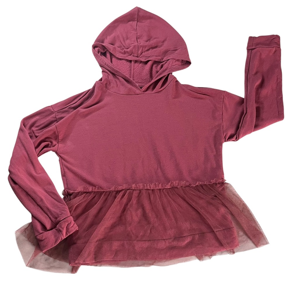 Forever 21 Tulle Trim Hoodie Girls Size 9/10 Burgundy Peplum Balletcore Style